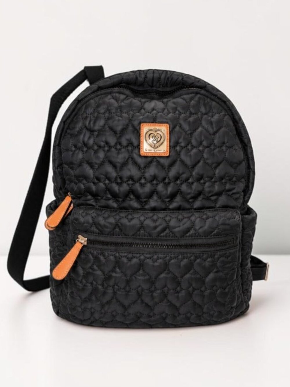 Brighton Black Quilted Heart Backpack – Tan Leather Trim